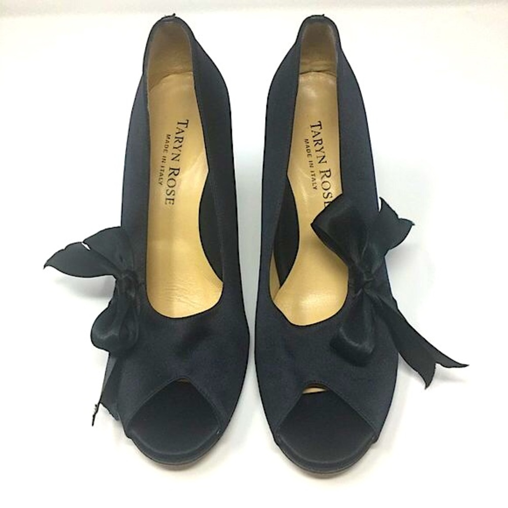 Taryn Rose Black Satin Peep Toe and Bow Heels